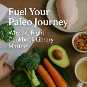 Fresh Paleo ingredients including broccoli, carrots, avocado, almonds, spinach, and chicken breast arranged on a rustic wooden surface with an open cookbook and overlay text that reads “Fuel Your Paleo Journey – Why the Right Cookbook Library Matters.”